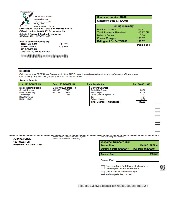 USA New Mexico electricity proof of address utility bill template in Word and PDF format